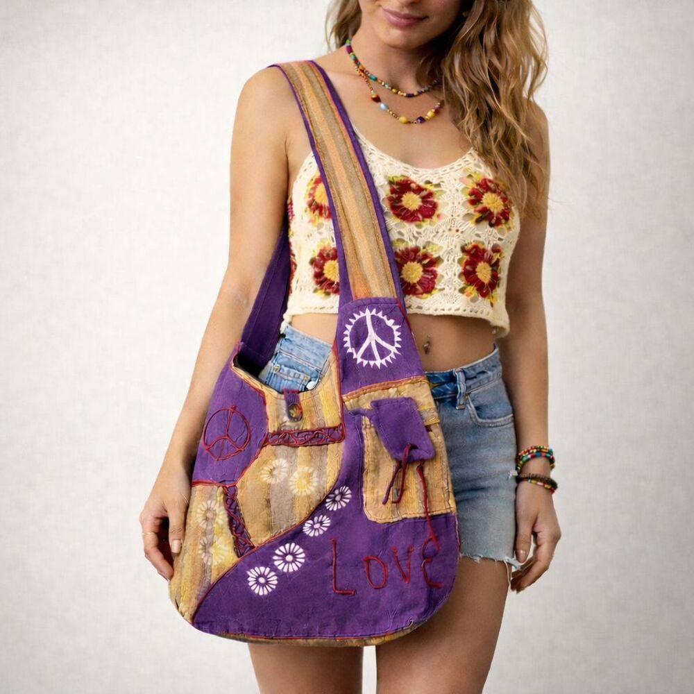 Hippie Peace Sign Crossbody Hobo Bag Funky Fabric Purse Retro Handmade Nepal - Picture 14 of 14